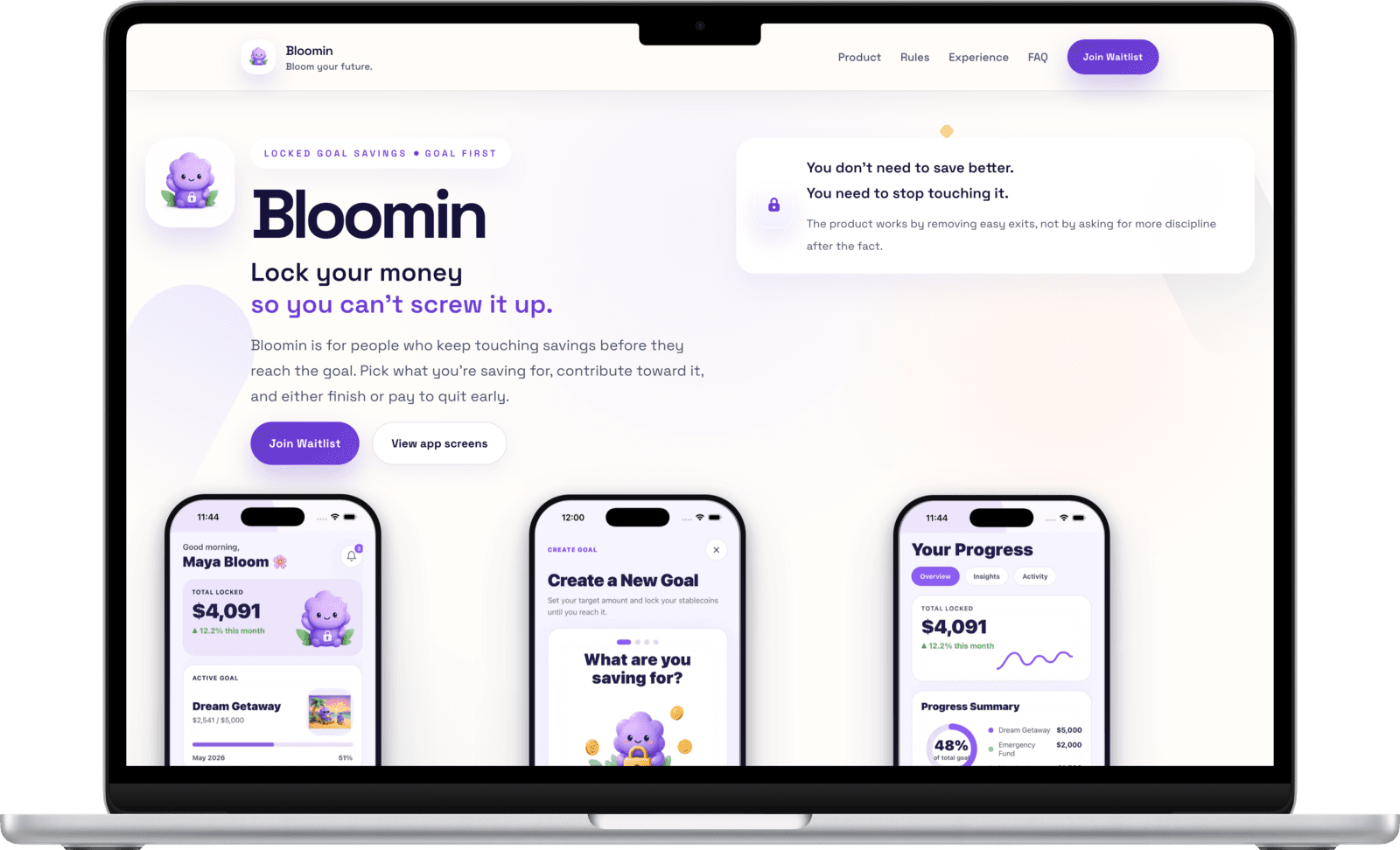 bloominapp.com on a MacBook Air: 'Lock your money so you can't screw it up', with three app screens.